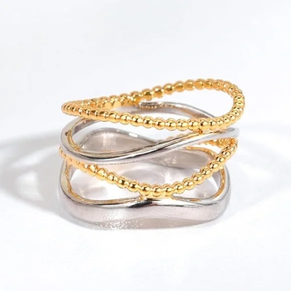 NEW Cross Cable Twist Band Ring 18K Gold Plated Gold & Silver Mixed Metals - Picture 4 of 5